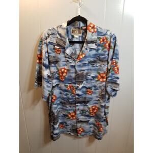 Vintage Kalaheo Mens XL‎ Blue/White Hawaiian Battleship Print Shirt USA Made